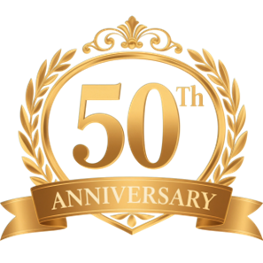 Image of a gold bubble with leaves around it. 50th Anniversary is written inside and at the base of the bubble.